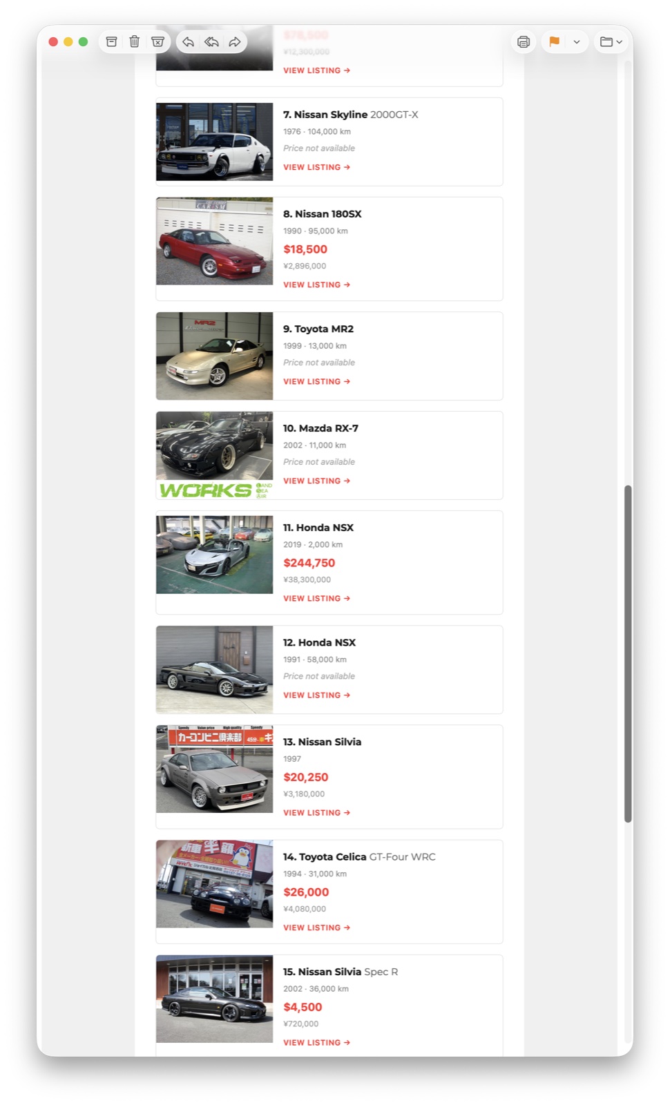 Each car with translated specs and USD pricing